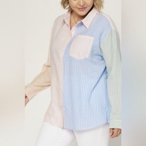 Entro Curvy Colorblock Stripe Button Up Top